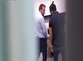 Spying on 2 friendly guys in public restroom