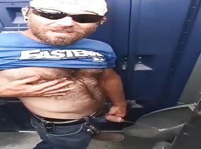 Hairy roughneck porta-potty piss