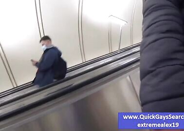 Risky jerking off in public on a subway escalator