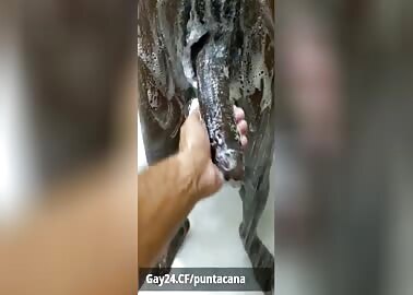 Black guy with a HUGE dick jerking off in the shower