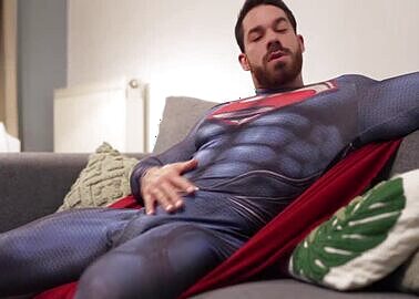 Superman cosplayer stud jerk off and cum