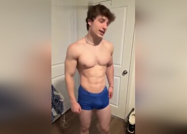 College jock showing off muscles and jerk off