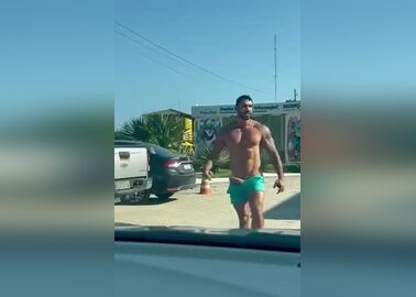 Latino Exhibitionist Jock With Boner Outside
