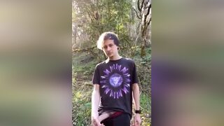 Twink with monster cock stroking and cumming in the woods